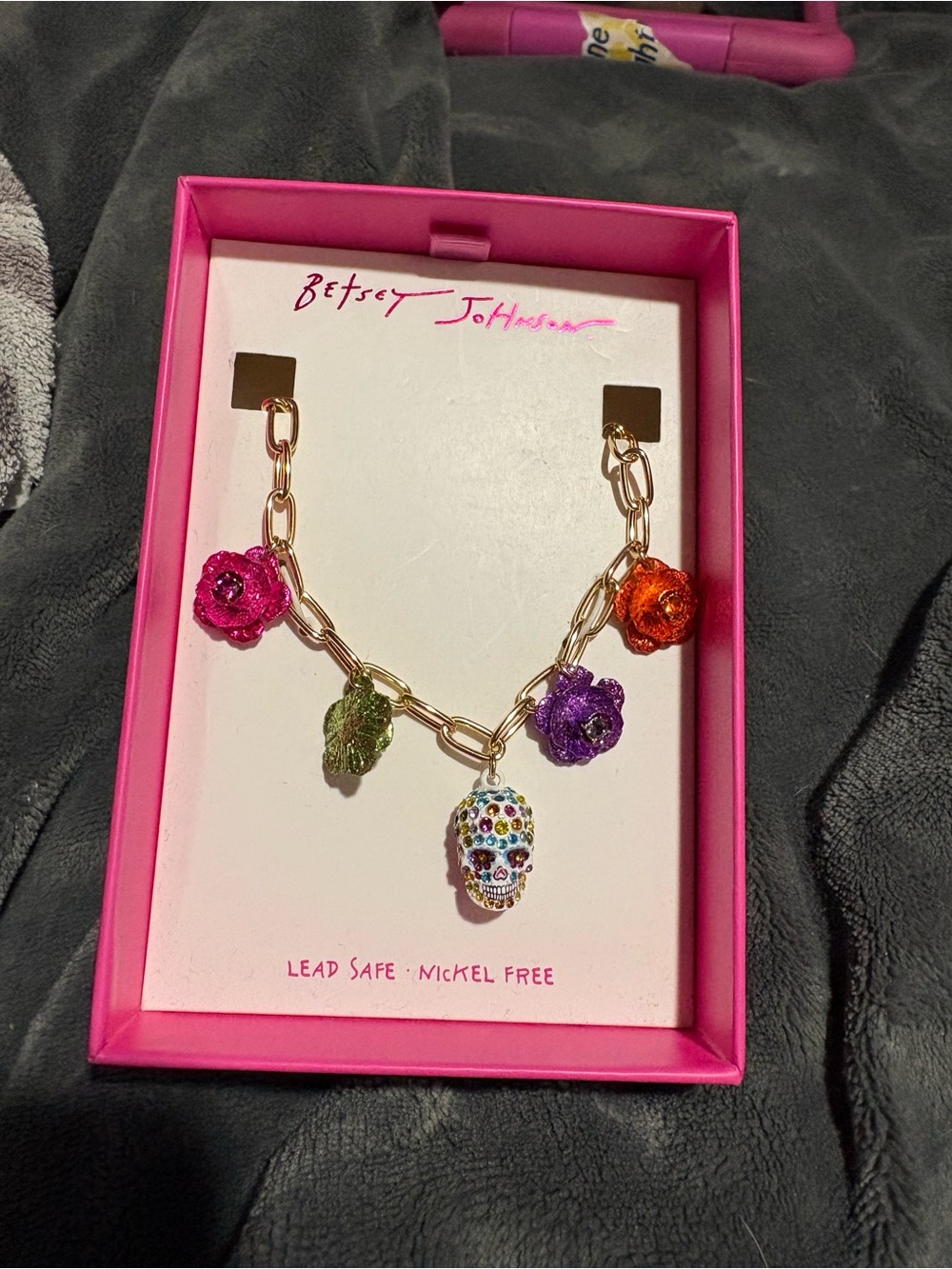 Betsey Johnson Multicolor Floral & Skull Charm Necklace - Gold Chain
